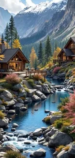 Scenic mountain landscape with cabins and river.