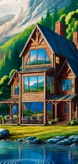 Wooden cabin by a lake with mountains and lush trees.