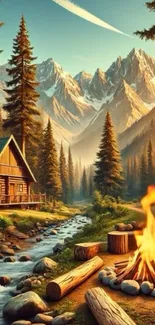 Scenic mountain cabin with campfire and flowing river in a forested landscape.