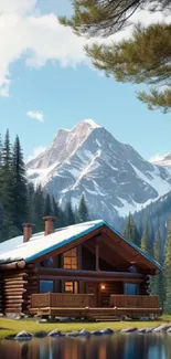 Cozy log cabin by a mountain lake with a scenic view.