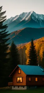 Sunrise over a mountain cabin in a forest setting.