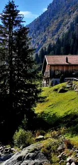 Mobile wallpaper of a serene mountain cabin with green landscape.