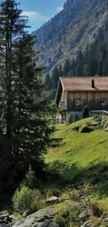 Tranquil mountain scene with cabin and lush greenery.