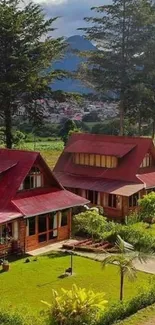 Mountain cabins surrounded by lush green trees and a scenic village landscape.