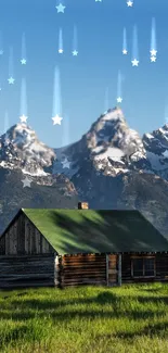 Serene mountain landscape with cabin and starry sky background.