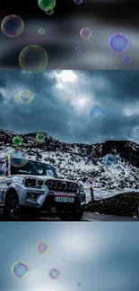 Rugged SUV on snowy mountain road with colorful bubble overlay.