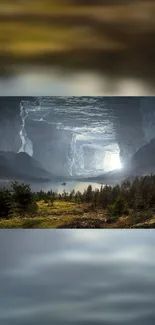 Scenic mobile wallpaper with a mountain cave and forest landscape.