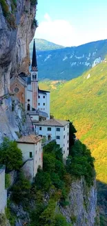 Village built on a mountain cliff with lush greenery.
