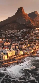 A scenic view of a mountain by the coastline of a picturesque town.