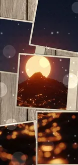 Mountain range collage with glowing bokeh and dark night sky on wood backdrop.