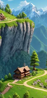 Stunning mountain scenery with cottages on a green cliff and blue sky.