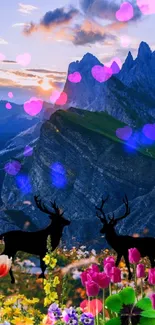 Wallpaper featuring deer and flowers against a mountain sunset backdrop.