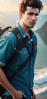 Young man hiking by scenic mountain and river.