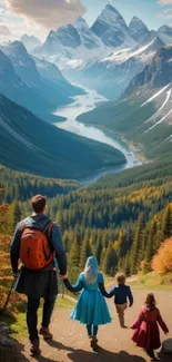 A family hiking along a mountain trail with a stunning valley view.