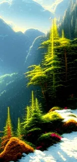 Beautiful mountain forest landscape wallpaper with lush green trees and blue mountains.