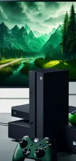 A gaming console with a scenic mountain landscape on the screen.