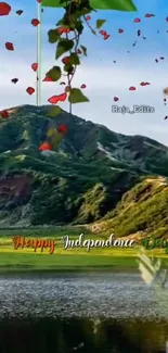 Scenic mountain landscape with vibrant Independence Day decorations.