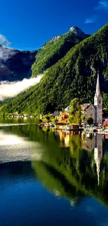 Scenic view of a mountain lake with a charming village by the shore.