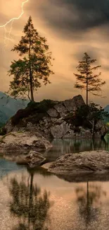 Lightning over scenic mountain lake with reflective water and dramatic skies.