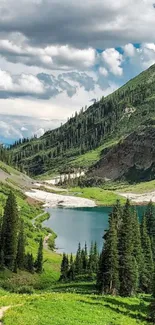 Mobile wallpaper of a mountain lake view with trees and clouds.