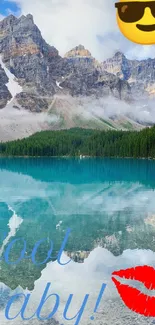 Serene mountain lake with emojis and text 'Cool baby!'.