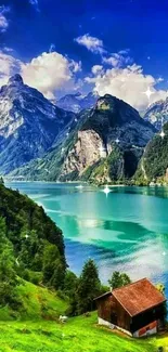 A tranquil scenic view of a mountain lake with lush greenery and blue skies.