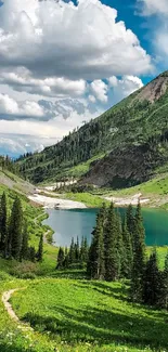 Scenic mountain view with lake and green landscape.