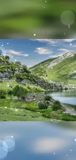 Beautiful mountain lake wallpaper with lush greenery and peaceful scenery.