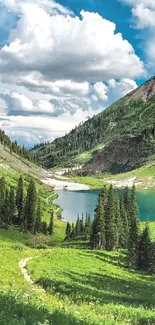 Breathtaking mountain lake scene with lush greenery and dramatic clouds.