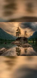 Beautiful mountain lake with lightning and sunset.