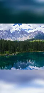 Breathtaking mountain and lake view with lush forests and blue sky.