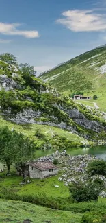 Scenic view of a tranquil mountain lake surrounded by lush green hills.