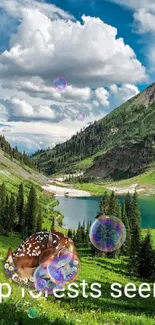 Tranquil mountain lake with bubbles and a lush green landscape.