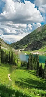 Breathtaking mountain lake view with lush greenery and vivid skies.