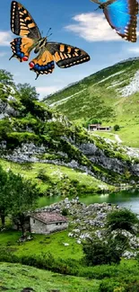 Mountain lake with butterflies and lush greenery; a serene natural wallpaper.