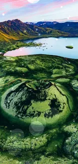 Aerial view of scenic mountain landscape with a vibrant green lake.