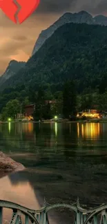 Tranquil mountain lake at dusk with reflections and warm lighting.