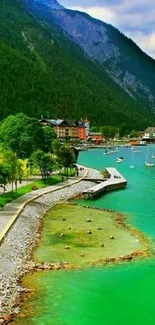 Scenic view of a lake with surrounding green mountains and blue sky.