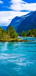 Scenic turquoise lake with mountains and greenery.