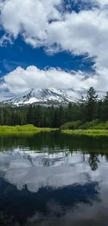 Peaceful mountain lake with clear reflections under a bright blue sky.