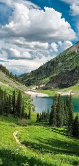 Beautiful green mountain lake with cloudy sky.