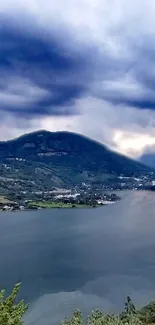 Breathtaking view of a mountain lake under a dramatic cloudy sky.