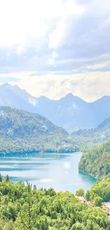 Scenic view of a mountain lake surrounded by lush greenery and peaks.