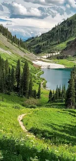 Scenic view of a mountain lake with lush green surroundings.