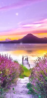 Vibrant mountain lake and sunset wallpaper scene.