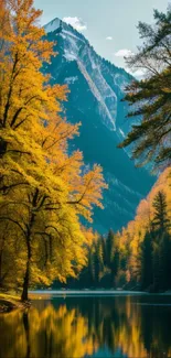 Tranquil mountain lake with autumn trees and majestic peaks.