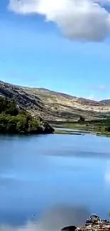 Serene mountain lake under a clear blue sky.