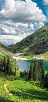 Scenic mountain lake with lush greenery and clear sky.