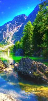 Scenic mountain lake with clear blue sky and lush green forests.