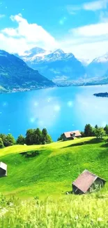 Scenic view of mountain lake with green hills and blue sky.